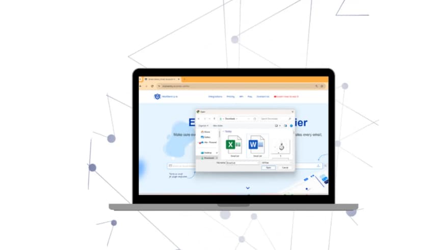 MailSentry's Bulk Email Verification interface on a laptop, showcasing a service that checks large email lists for accuracy and deliverability