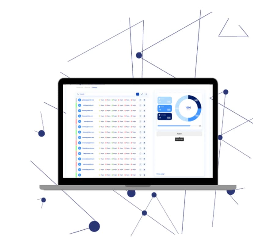 Bulk email validation list and results pie chart, demonstrating MailSentry's scalable verification